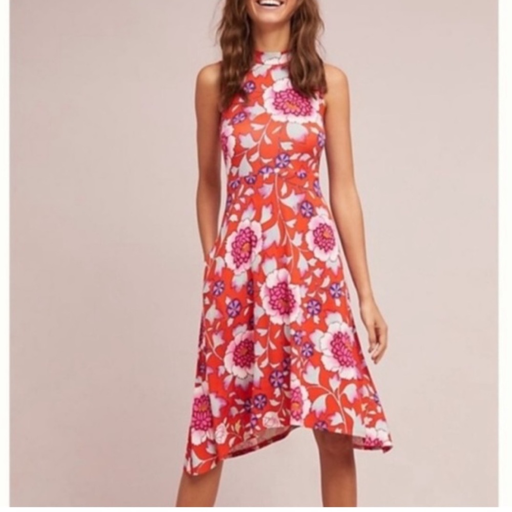 MAEVE x Anthropologie Cleary Floral Swing Dress in Cherry Sz XS Mockneck Pockets